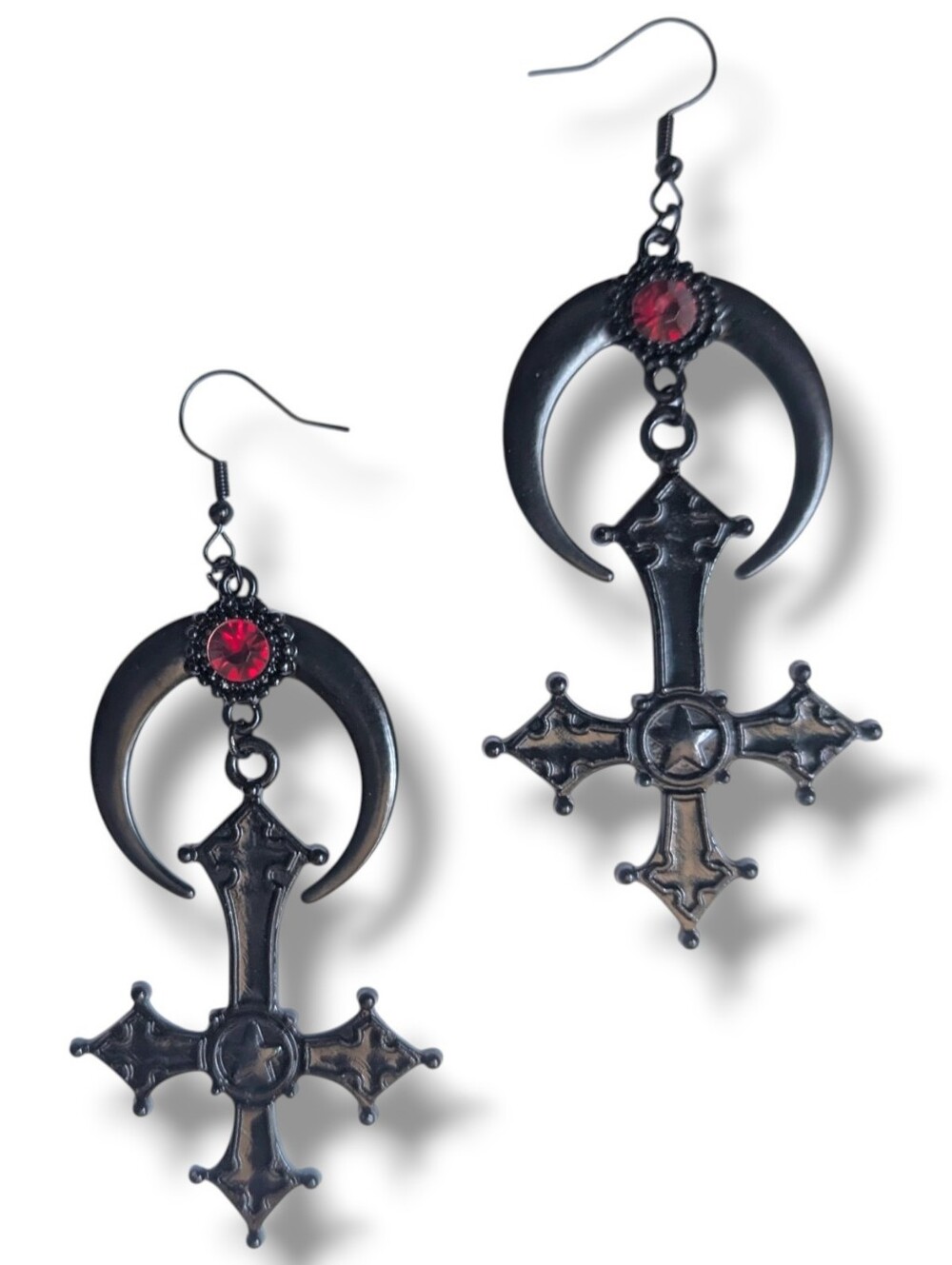 NWT Handmade Black Moon Red Gem and Black Inverted Cross Dangly Earrings